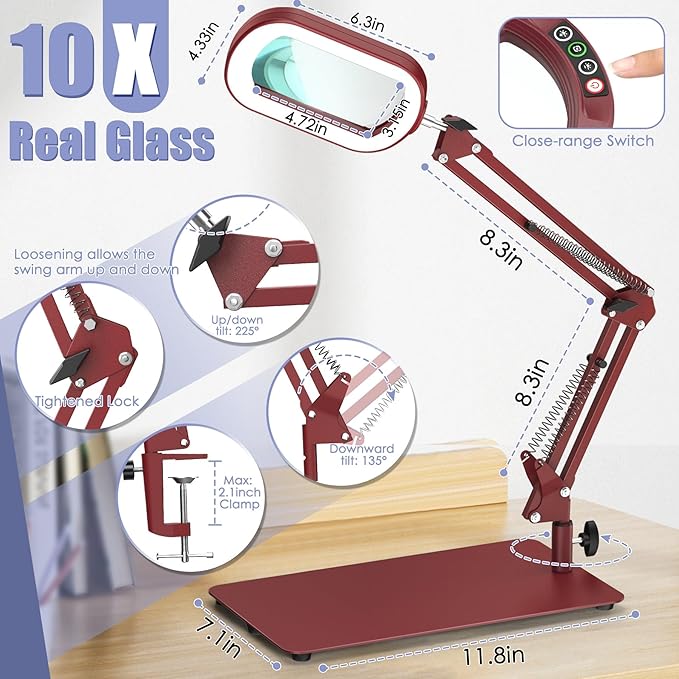 10X Square Magnifying Glass with Light and Stand, Real Glass LED Lighted Magnifier, 5 Color Modes Stepless Dimmable, Hands-Free Mag Desk Lamp with Clamp for Reading Craft Hobby Close Work - Red