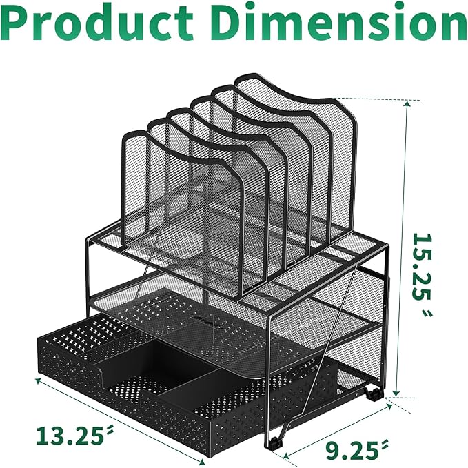 Simple Trending Mesh Desk Organizer with Sliding Drawer, Double Tray with 5 Sections File Bookshelf, Black
