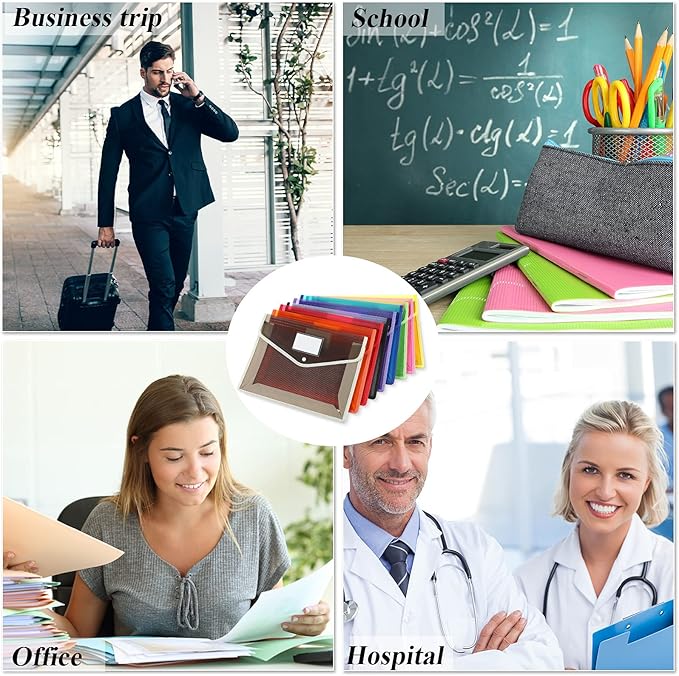 10 Pieces Plastic File Folders Envelope Expanding File Wallet Organizer Documents Folder with Snap Closure and Pocket, A4 Size Waterproof Transparent Pouch(Multicolor,Horizontal)