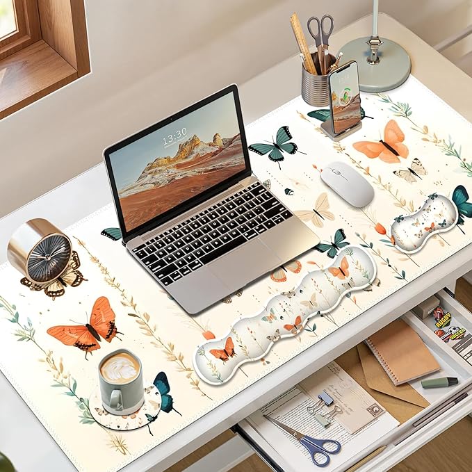 Desk Mat Gaming Mouse Pad, Cute Desk Matt Keyboard Wrist Rest for Desktop, Anti-Slip Mousepad with Stitched Edges, XXL Large Mouse Pad with Wrist Support for Desk Computer I Beige Buttefly