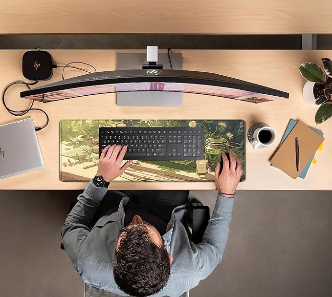 Green Gardener Desk Mat Anime Forest XL Gaming Mouse Pad Plant Lover Desk Pad with Stitched Edges, Women Desktop Decor Mousepad Laptop Computer Keyboard and Mouse Mat Desk Accessories 31.5x11.8 in