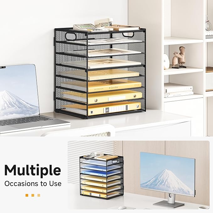 Lavatino 8 Tier Paper Organizer for Desk, Black Mesh Letter Tray File Sorter Organizers with Handles, Include 5 Pcs Adjustable Slid Tray for Office School Classroom Supplies Organization and Storage