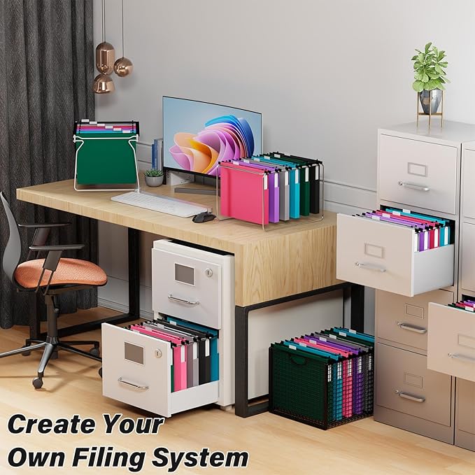 Ansook Extra Capacity Plastic Hanging File Folders,1" Expanding Accordian Pocket,Heavy Duty for Filing Cabinet, Hard and Durable Hang Folders,Insertable Tabs,Letter Size,Assorted Colors- 12 Pack