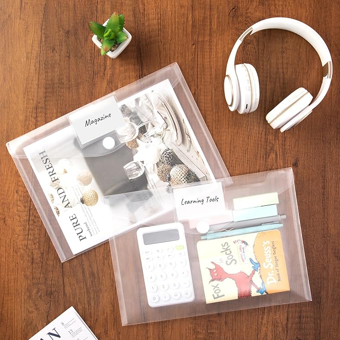 SUNEE 6 Pack Plastic Envelopes, Clear Folders for Document for A4 Letter Size, Poly File Folders with Label Pockets for School Home Office Organizer Work Supplies