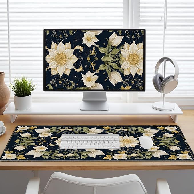 Large Desk Mat, Desk Matt for Desktop, DeskPad Mat, XXL Big Mouse Pad, Anti-Slip Mousepad with Stitched Edges, Keyboard Pad Mouse Mat Cover for Computer 35.4×15.7 in, Retro Blooming Flowers