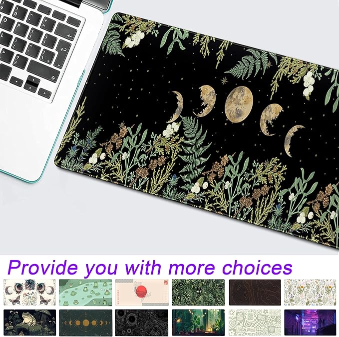 Green Tropical Leaves Desk Mat Black Mouse Pad Cute Anime Moon Deskmat, Women Office Decor Computer Laptop Keyboard Mouse Mat, XL Large Gaming Mousepad Desk Pad with Stitched Edge 31.5''x11.8''