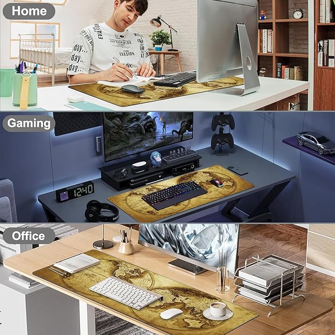 Mouse Pad, Large Antique World Map Desk Mat, Extended Non-Slip Gaming Keyboard Mousepad Desk Pad, Thick Stitched Edges Waterproof Mouse Mat 31.5"x15.7" (Retro World Map)