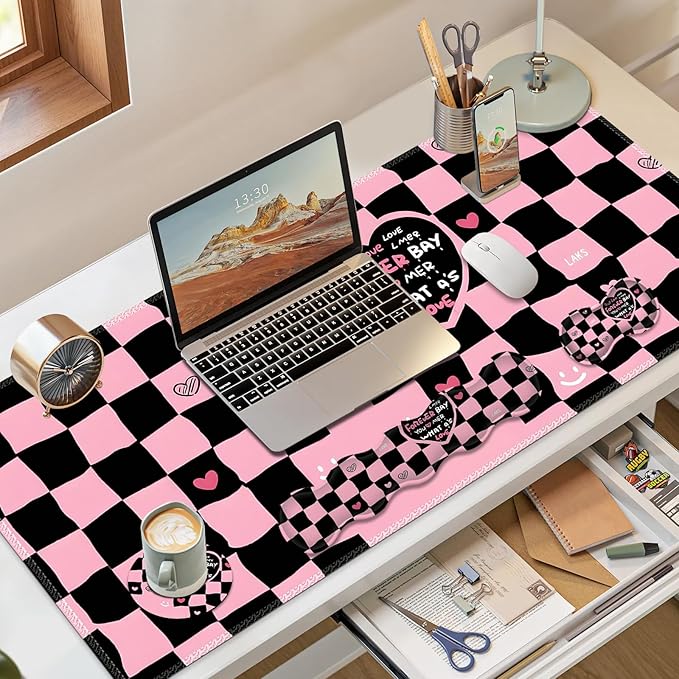 Desk Mat Gaming Mouse Pad, Cute Desk Matt Keyboard Wrist Rest for Desktop, Anti-Slip Big Mousepad Stitched Edges, XXL Large Mouse Pad with Wrist Support for Home Office I Pink Black True Love