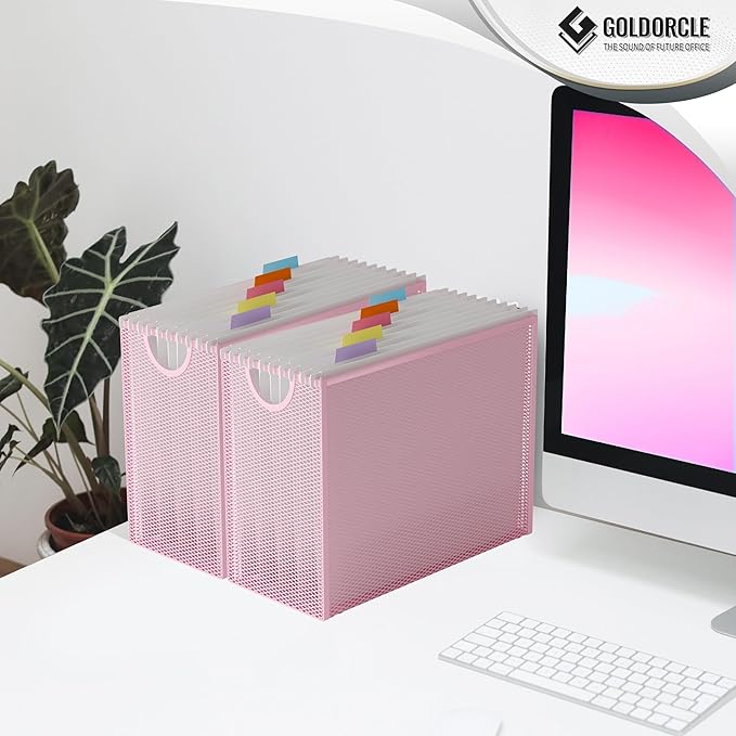 Hanging File Organizer Box, Hanging File Folder Frame Holder Filing Box with 5 Hanging Folders, Metal Mesh Desk File Folder Storage(No Assembly Required), Pink