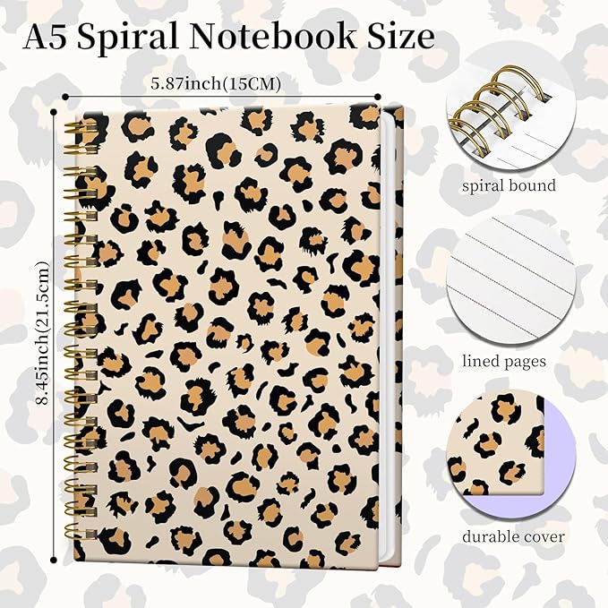 Spiral Notebook Journal for Women Men, A5 Hardcover Journal, 120 Pages Thick Paper, College Ruled Writing Notebook for School, Work & Office 8.3'' × 5.9''(Leopard Skin)