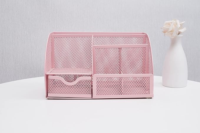 Annova Mesh Desk Organizer Office with 7 Compartments + Drawer/Desk Tidy Candy/Pen Holder/Multifunctional Organizer (Light Pink)
