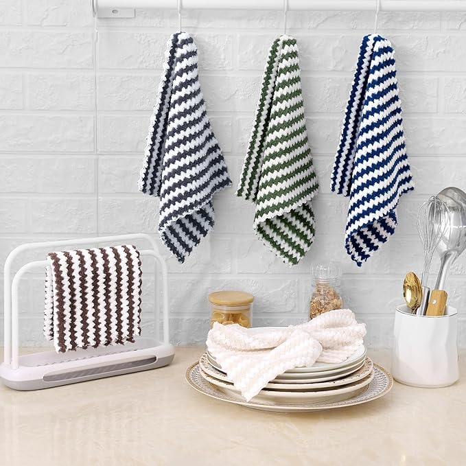 Homaxy 24 Pack Kitchen Dish Cloths, Ultra Soft and Absorbent Dish Towels, Reusable Fast Drying Microfiber Cleaning Cloth, Coral Velvet Wave Design No-lint, 10 x 10 inches, Beige