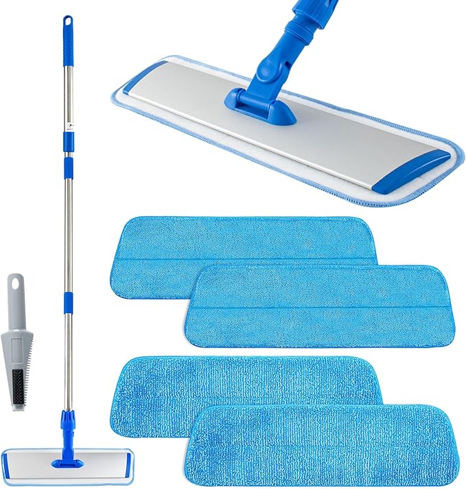 Flat Mop with Stainless Steel Handle, Handle Adjustable 3 Sections Splice Microfiber Mop Floor Cleaning 4 Pieces Mops Cloth Wet & Dry Pads Wet and Dust Mopping
