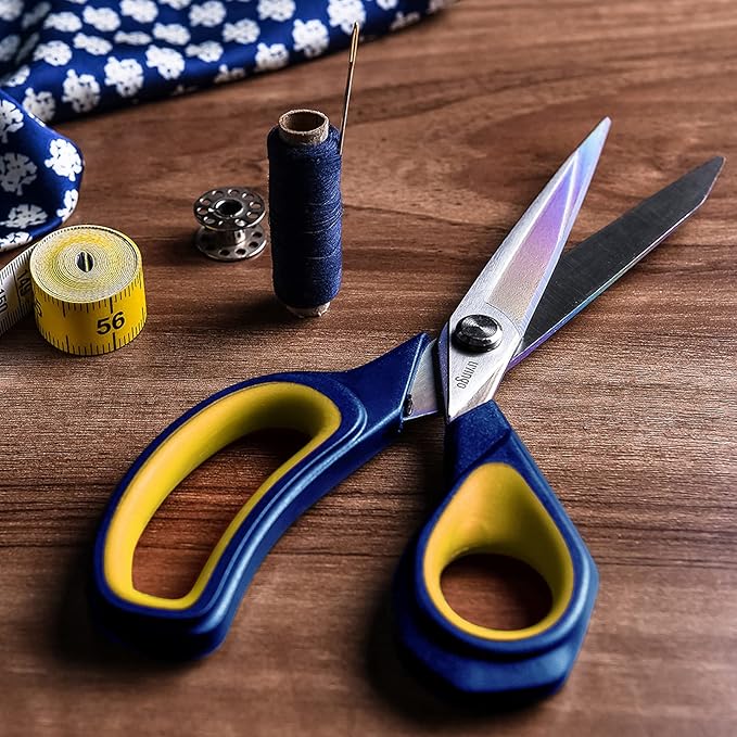 LIVINGO 8.5” Premium Fabric Scissors, Heavy Duty All-Purpose Titanium Coating Forged Stainless Steel Sharp Sewing Tailor Dressmaking Shears Comfort Grip Crafting Leather Cutting, Navy Blue/Yellow