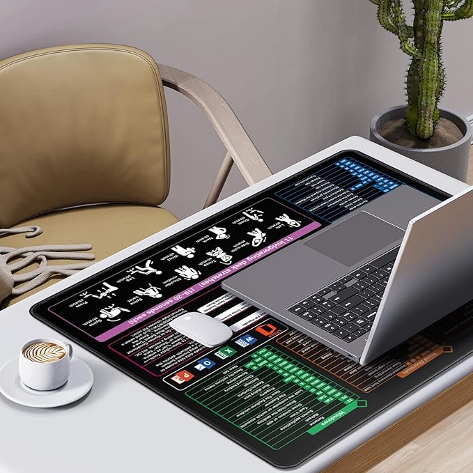 Excel Cheat Sheet Mouse Pad, Excel Shortcuts Desk Mat, Waterproof Keyboard Mousepad for Desk Office Work Computer Gaming Mouse Mat with Stitched Edges Anti-Slip (19.29"x16.53")