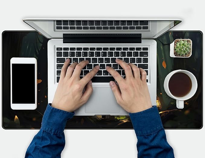 Forest Cats Desk Mat Anime Cat Desk Pad Cute, Kawaii Green Mouse Pad XXL, Large Extended Gaming Mousepad Keyboard Mouse Mat with Stitched Edges, Home Office Decor Pad for Women Girl 31.5x15.75 in