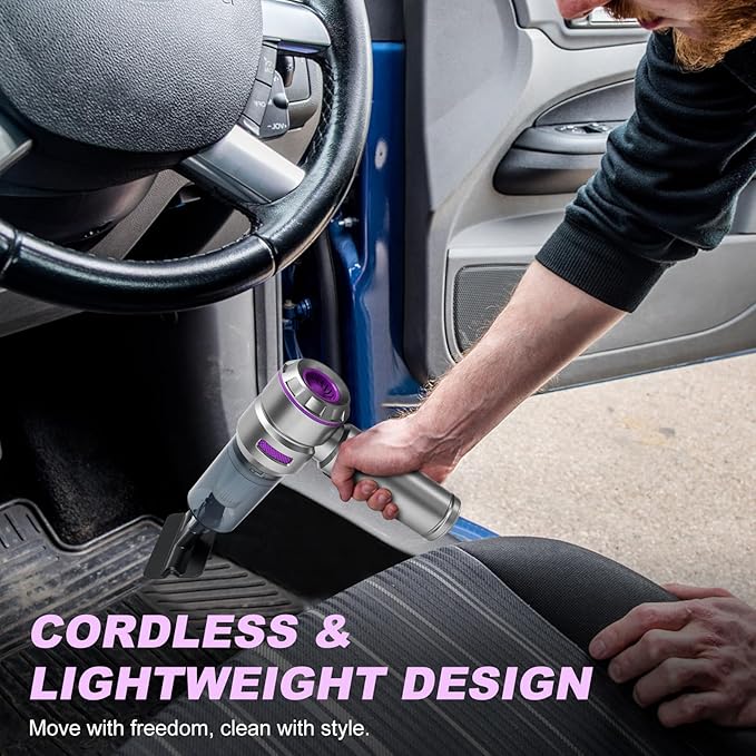 TianJQiS Handheld Car Vacuum Portable Cordless - 18000PA High Power with Brushless Motor, 4-in-1 Air Duster, Blower, Pump & Rechargeable Mini Vacuum for Car, Home, Office (Silver Grey+Purple)