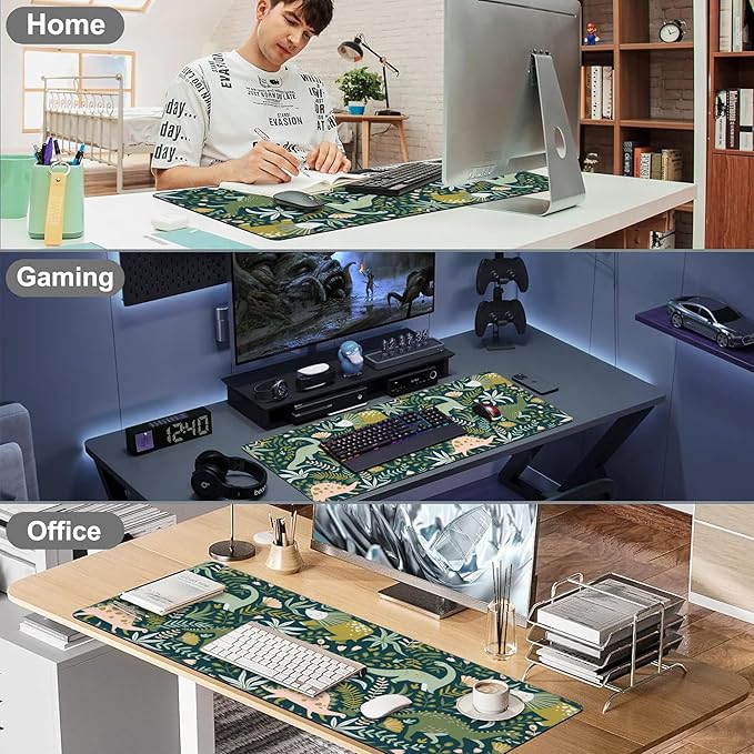 Mouse Pad, Large Dinosaurs with Tropical Plants Desk Mat, Extended Non-Slip Gaming Keyboard Mousepad Desk Pad, Thick Stitched Edges Waterproof Mouse Mat 31.5"x15.7" (Cute Dino and Flowers)