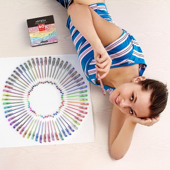 ARTEZA Gel Pens, Set of 60 – Fine Point Colored Ink Pens for Journaling, Adult Coloring, Note-Taking & Decorative Writing, Variety of Finishes