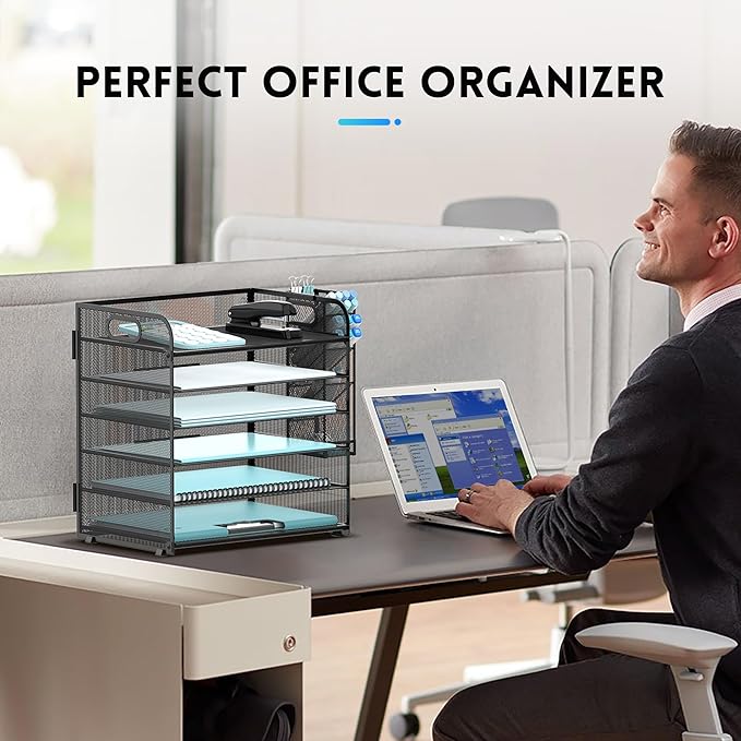 SUPEASY 6 Tier Desk Organizer with 4 Pen Holders, Mesh Paper Organizer Letter Tray with Handle, Desk Organizer Tray File Organizer for A4 File Folder, Black