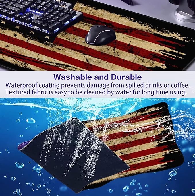 Large Extended Gaming Mouse Pad with Stitched Edges, Non-Slip Waterproof Rubber Base Mouse Pad for Office, Computer, Keyboard, Laptop and Home Desk Pad 35.4 x 15.7 x 0.12 Inch (American Antique Flag)
