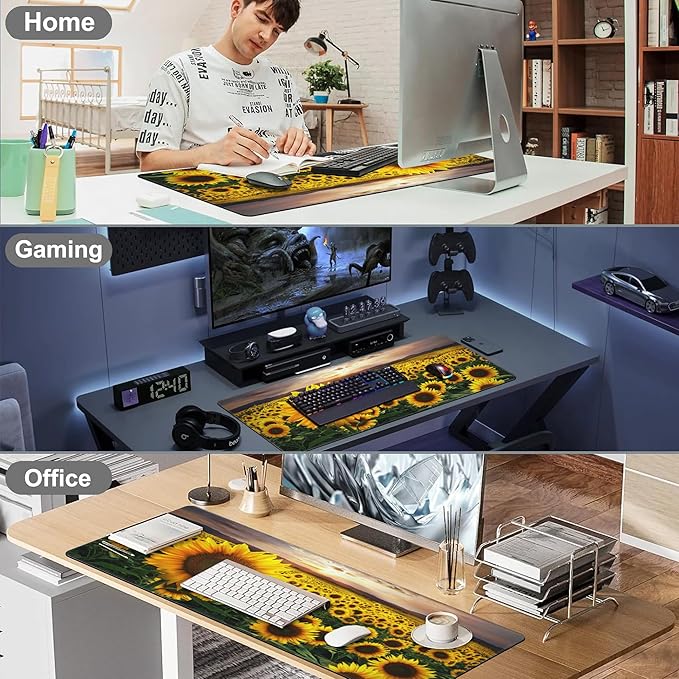 Mouse Pad, Large Blooming Sunflowers Desk Mat, Extended Non-Slip Gaming Keyboard Mousepad Desk Pad, Thick Stitched Edges Waterproof Mouse Mat 31.5"x15.7" (Midsummer Sunflowers at Sunset)