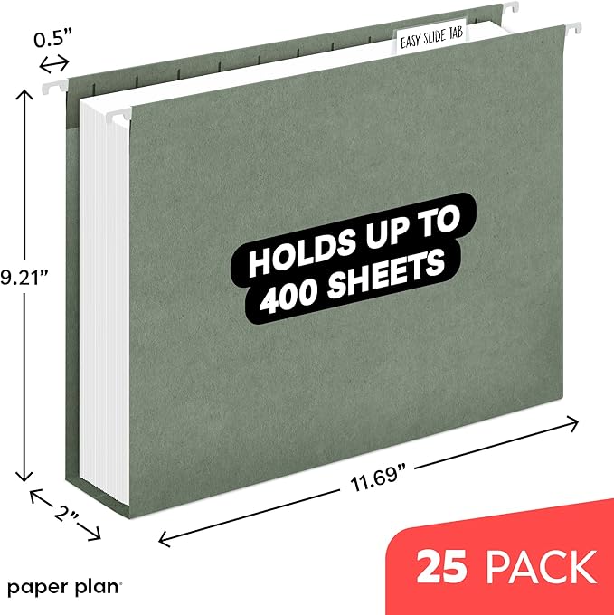 Hanging File Folders - (25 Pack), by Paper Plan, 8.5 x 11 Letter Size, Dark Green, U-Base with 2" Expansion - Ideal for Easy and efficient Document Organization
