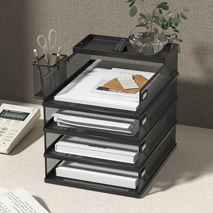 Stackable Letter Trays, 4 Tier Metal Paper Tray & Desk Organizer, Stackable File Trays for Office & Home, Multi-Functional Document Tray with Fine Grid Design & Magnetic Labels,Black