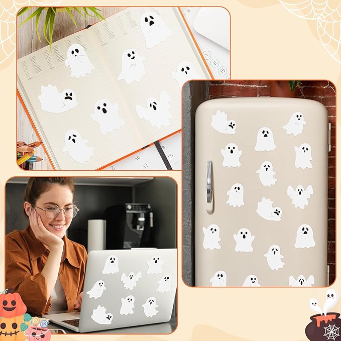 72pcs Halloween White Ghost Sticky Notes & Pens & Ribbons Set, Cute Little Boo Pastel Notepads Gift, Self-Stick Memo Pad for Office Classroom Halloween Back to School Party Favor Supplies