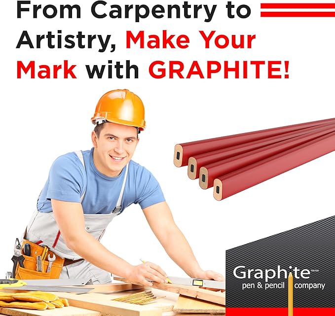 GRAPHITE Hard Lead Carpenter Pencils Bulk - (1) Pack of 12 Pieces Lumber Wooden Pencil #2 (HB) - Red