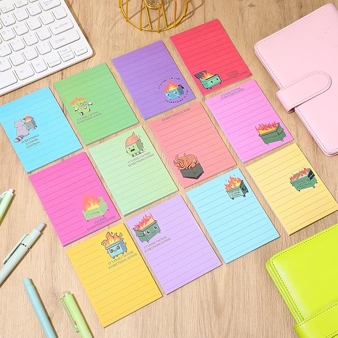 12 Pcs Funny Sticky Notes for Work 4x3 Inches Sarcastic Self Adhesive Notepads Novelty Memo Note Pads for Office Coworker Gifts Employee Appreciation Supplies (Dumpster Fire,Bright Color)