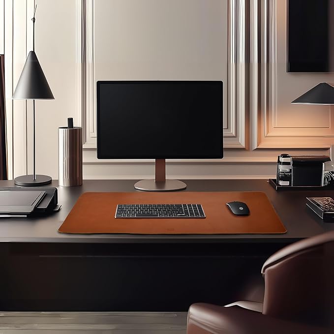 LEATHER VILLAGE -32X16 Real Leather Desk Mat for Desktop & Laptop, with Leather Tray & Tea Coaster, 3mm Thick Desk Cover-Protector-Blotter- Tan Color