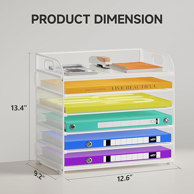 6 Tier Paper Organizer with Handle, Metal Desk Organizer Mesh Paper Letter Tray Desktop File Folder Document Sorter for Classroom, School, Office Accessories Organization and Storage - White