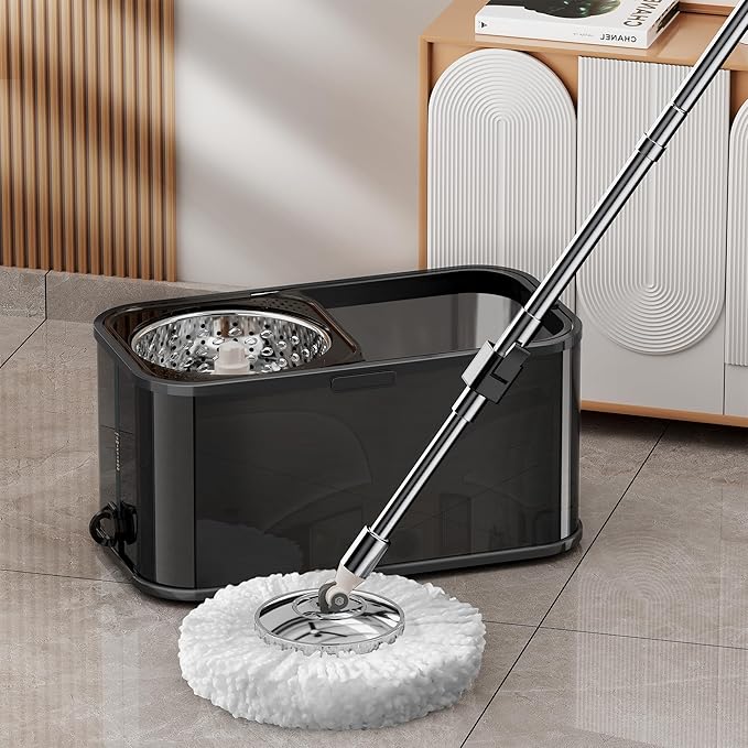 SWIFTIRON Stainless Steel Spin Mop and Bucket with Wringer Set for Home,360° Mop and Bucket with Separate Clean and Dirty Water,Wet Dust Mop for Floor Cleaning with Extra Refills (Black)