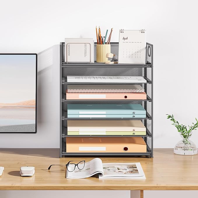 Subekyu 6-Tier Desk Paper Organizer, Desktop File Letter Tray with Handle, Document Sorter and Accessories Holder for Office, Home and School Workspace Organizers, Gray-2 Pack