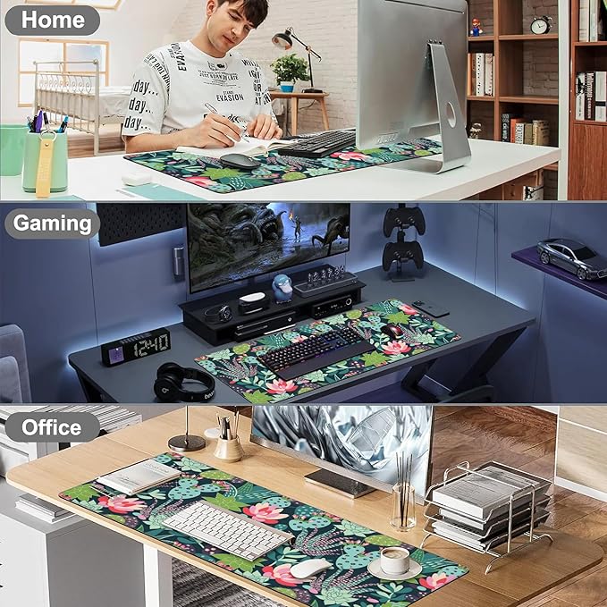 Mouse Pad, Large Succulents and Cactuses Desk Mat, Extended Non-Slip Gaming Keyboard Mousepad Desk Pad, Thick Stitched Edges Waterproof Mouse Mat 31.5"x15.7" (Tropical Plants)