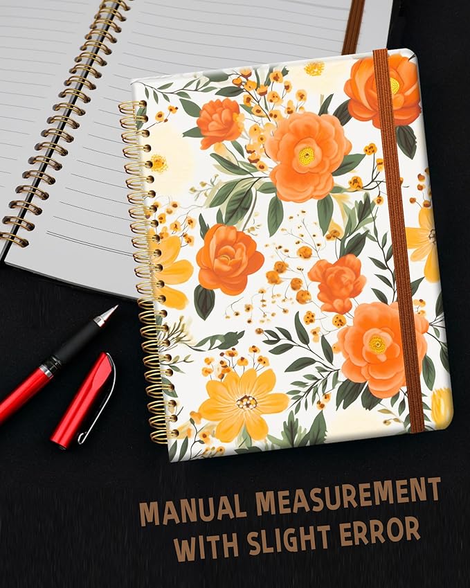 Ruled Spiral Writing Notebook,A5 Hardcover Lined College Journal for Women Lady Girl,Strong Twin-Wire Binding with Premium Paper,8.4" X 6",Perfect for School,Office,Home Gifts(orange flower)