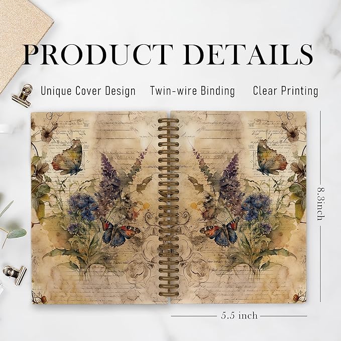 Butterfly Journal, Butterfly Notebook, Vintage Butterfly Spiral Notebook, Butterfly Notebooks for School, Butterfly Gifts for Women, Butterfly Floral Spring Office Supplies Gifts, 5.5x8.3 Inch