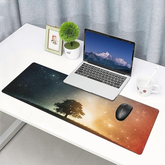 Starry Sky and Tree Large Mouse Pad, Vintage Aesthetic Gaming Desk Mat, XL Keyboard Desk Pad Mat for Desktop, 31.5"x11.8" Non-Slip Base Big Mousepad with Stitched Edges
