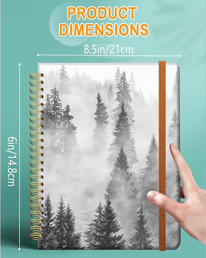 Ruled Spiral Writing Notebook,A5 Hardcover Lined College Journal for Women,Strong Twin-Wire Binding with Premium Paper,8.4" X 6",Perfect for School,Office,Home(Black White Forest)