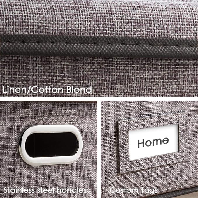 PRANDOM File Organizer Box - Set of 4 Collapsible Decorative Linen Filing Storage Hanging File Folders with Lids Office Cabinet Letter Size (15x12.2x10.75 inch)