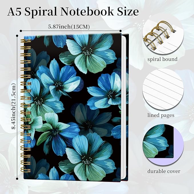 Spiral Notebook Journal for Women Men, A5 Hardcover Journal, 120 Pages Thick Paper, College Ruled Writing Notebook for School, Work & Office 8.3'' × 5.9''(Beautiful Blue Flowers)