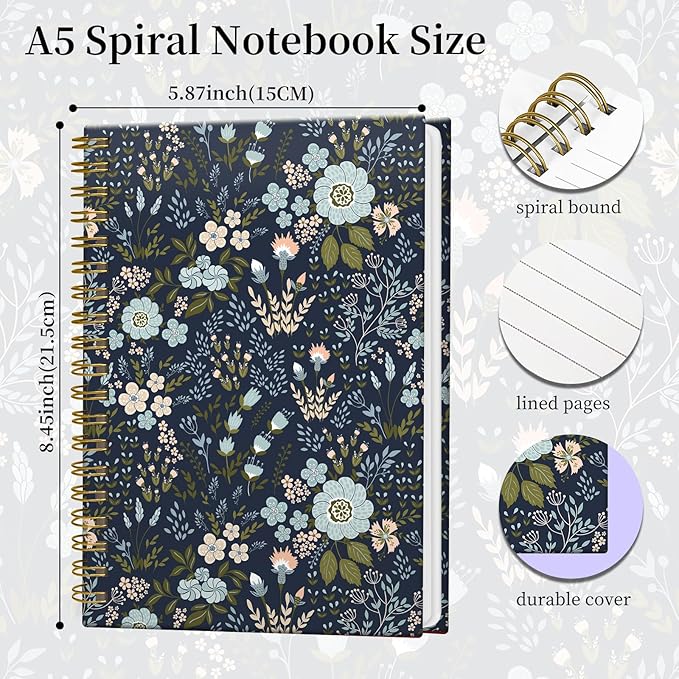 Spiral Notebook Journal for Women Men, A5 Hardcover Journal, 120 Pages Thick Paper, College Ruled Writing Notebook for School, Work & Office 8.3'' × 5.9''(Blue Daisy)