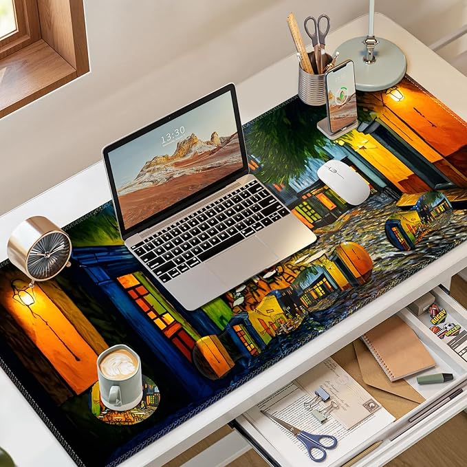 Desk Mat Gaming Mouse Pad, Cute Desk Matt Keyboard Wrist Rest for Desktop, Anti-Slip Mousepad w/Stitched Edges, XXL Large Mouse Pad with Wrist Support for Desk Computer I Terrace of The Cafe