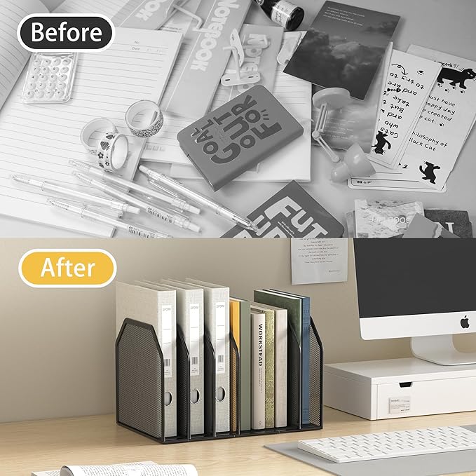 Metal 7-Section File Folder Organizer for Desk | Vertical Office File Holder | Heavy-Duty Mesh Document Sorter for Books, Binders, Laptops | Black Desk Organizer (12.8”x8.5”x7.9”)