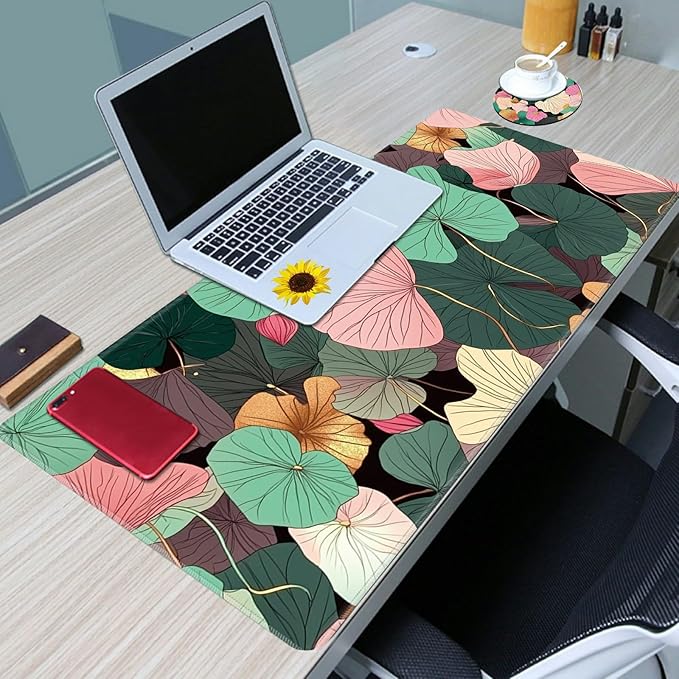 Desk Mat Large Gaming Mouse Pad (31.5x11.8 inch) with Stitched Edges, XL Mouse Pad +Coaster, Extended Mouse Mat Keybroad Mousepad Non-Slip Rubber for Gamer Men Women, Pink Teal Lotus Leaf