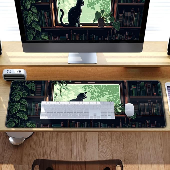 XL Mouse Pad Gaming Kawaii Cute Pixel Cat Outdoor Extra Large Mousepad (31.5x11.8 in), Green Desk Mat Anime Pad Home Office Decor Mouse Pad Stitched Edges Smooth Surface Non-Slip Bottom Mat