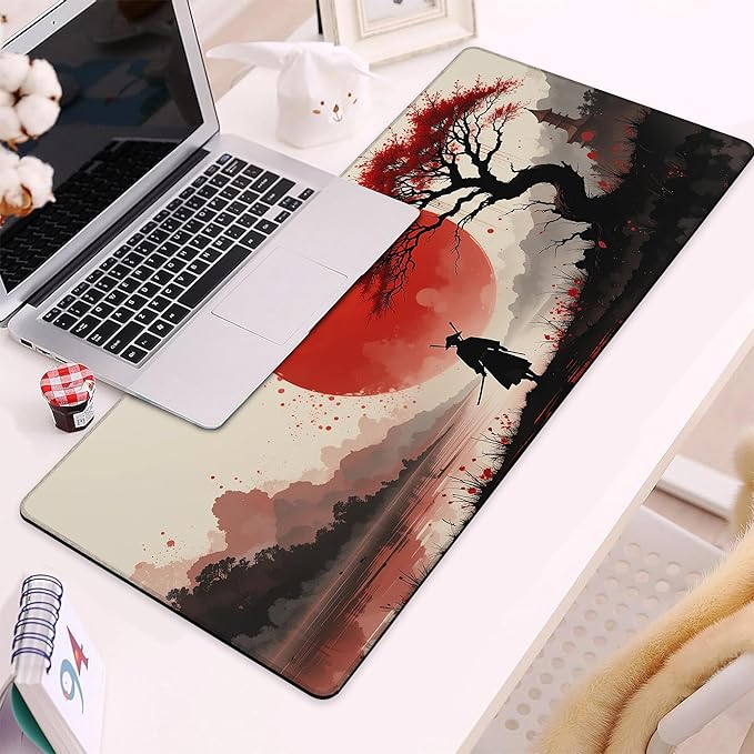 Gaming Mouse Pad, Japanese Cherry Blossom Samurai Large Desk Mat for Keyboard and Mouse,Non-Slip Rubber Base and Stitched Edges Desk Pad for Home Office 35.4x15.7in