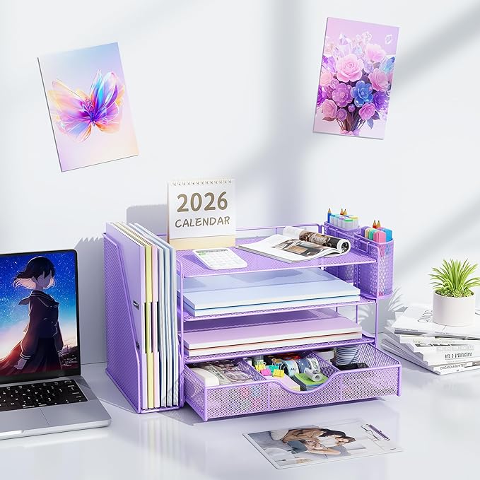 gianotter Desk Organizers and Accessories with File Holder, 4-Tier Desk Accessories & Workspace Organizers with Drawer and 2 Pen Holder, Paper Organizer for Office Supplies (Purple)