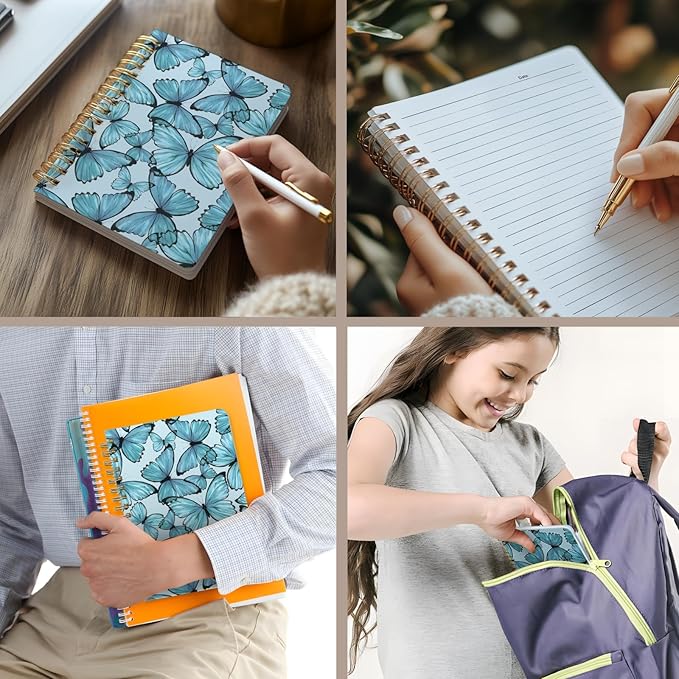 Cute Spiral Notebook journal A5 Aesthetic Pretty Floral Design for Women Girls Kawaii with Pocket, 8.5 x 5.7 inch, Blue Butterfly